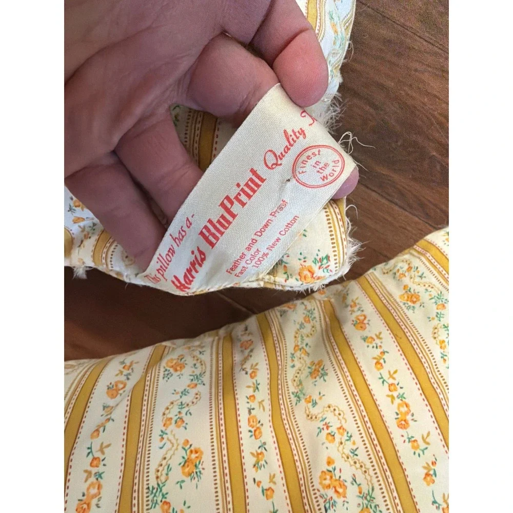 Vintage Harris BluPrint Floral Stripe Pillow Ticking Set of 2 Yellow Cotton